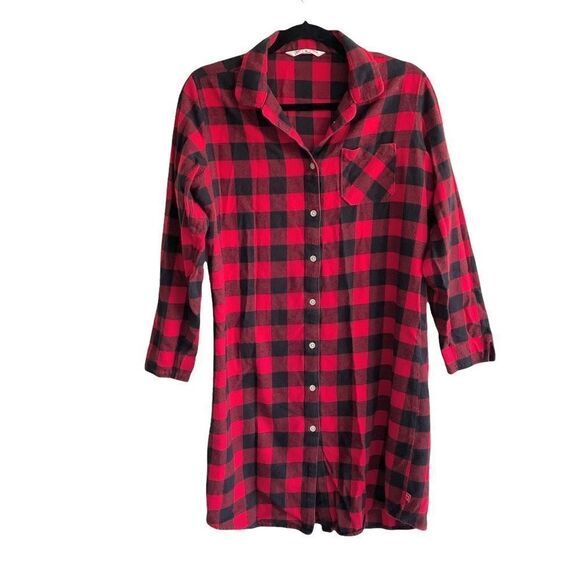Woolrich Buffalo Check Flannel Button Front Long Sleeve Nightgown Black Red M - Picture 1 of 9